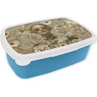 MuchoWow Broodtrommel Blauw - Lunchbox Vrouw - Bloemen - Zonnebril - Wit - Brooddoos 18x12x6 cm - Brood lunch box - Broodtrommels voor kinderen en volwassenen