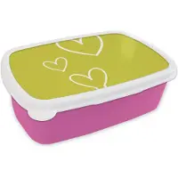 MuchoWow Broodtrommel Roze - Lunchbox Groen - Hartjes - Wit - Brooddoos 18x12x6 cm - Brood lunch box - Broodtrommels voor kinderen en volwassenen
