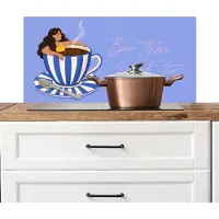 KitchenYeah Spatscherm keuken 90x45 cm - Kookplaat achterwand Mok - Koffie - Vrouw - Paars - Muurbeschermer - Spatwand fornuis - Hoogwaardig aluminium
