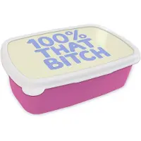 MuchoWow Broodtrommel Roze - Lunchbox 100% that bitch - Blauw - Wit - Brooddoos 18x12x6 cm - Brood lunch box - Broodtrommels voor kinderen en volwassenen