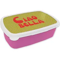 MuchoWow Broodtrommel Roze - Lunchbox Ciao bella - Rood - Groen - Stippen - Brooddoos 18x12x6 cm - Brood lunch box - Broodtrommels voor kinderen en volwassenen