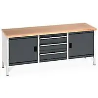 Bott cubio box-type werkbank, met 3 laden, staal, beuken multiplex blad, B 2000 x D 750 x H 840 mm, lichtgrijs/antraciet