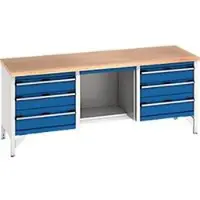 Bott werkbank, beuken multiplex blad, B 2000 x D 750 x H 840 mm, 6 laden, lichtgrijs/gentiaanblauw