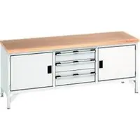 Bott cubio box-type werkbank, met 3 laden, stalen frame, beuken multiplex blad, B 2000 x D 750 x H 840 mm, lichtgrijs/lichtgrijs