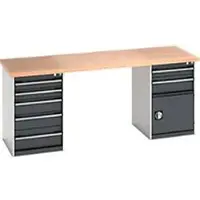 Bott Cubio werkbank, beuken multiplex blad, B 2000 x D 750 x H 940 mm, tot 1500 kg, staal, 7 laden. lichtgrijs/antracietgrijs RAL 7035/7016