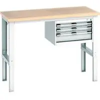 Bott cubio werkbank, handmatig in hoogte verstelbaar, beuken multiplex blad, B 1500 x H 740-1140 mm, tot 800 kg, lichtgrijs RAL 7035, 3 laden