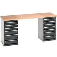 Bott werkbank, beuken multiplex blad, B 2000 x D 750 x H 940 mm, tot 1500 kg, 13 laden, lichtgrijs RAL 7035, afsluitbaar