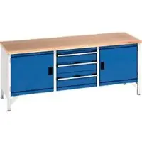 Bott cubio box-type werkbank, met 3 laden, stalen frame, beuken multiplex blad, B 2000 x D 750 x H 840 mm, lichtgrijs/ gentiaanblauw