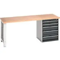 Bott cubio werkbank, met ladekast, beuken multiplex blad, B 2000 x D 750 x H 840 mm, draagvermogen 700 kg, 5 laden, staal, antraciet/lichtgrijs RAL 7035