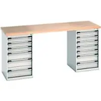 Bott Cubio werkbank, beuken multiplex plaat 40 mm, B 2000 x D 750 x H 940 mm, staal, 13 laden, beuken/ gentiaanblauw RAL 5010/lichtgrijs RAL 7035