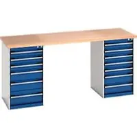 Bott Cubio werkbanken, beuken multiplex blad, B 2000 x D 750 x H 940 mm, tot 1500 kg, 13 laden, lichtgrijs/antracietgrijs