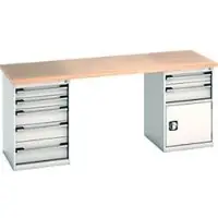 Bott Cubio werkbank, beuken multiplex blad, B 2000 x D 750 x H 940 mm, tot 1500 kg, 7 laden, lichtgrijs (RAL 7035)