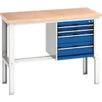 Bott cubio werkbank, handmatig in hoogte verstelbaar, beuken multiplex blad, B 1500 x D 750 x H 740-1140 mm, tot 800 kg, lichtgrijs/gentiaanblauw