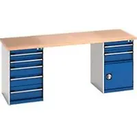 Bott Cubio werkbank, beuken multiplex plaat 40 mm, B 2000 x D 750 x H 940 mm, 1500 kg, 9 laden, 1 deur, afsluitbaar, gentiaanblauw/lichtgrijs