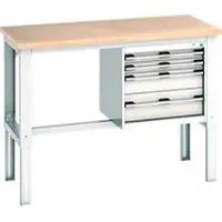 Bott cubio werkbank, handmatig in hoogte verstelbaar, beuken multiplex blad, B 1500 x D 750 x H 740-1140 mm, 800 kg, lichtgrijs RAL 7035