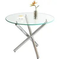 MODFU ronde conferentietafel met een blad van gehard glas, bijzettafeltje, eettafel met gouden poten, geschikt voor een woonkamer of café, zilverkleurig