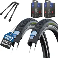 Schwalbe 2x set Schwalbe fietsbanden Marathon E-Plus Zwart Reflex 28 x 2,15 (55-622) buitenband + 2x SV Frans Presta ventiel binnenband + 3x bandenlichters