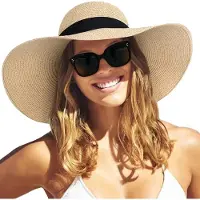 VHV - Dames zonnehoed - Strohoed dames - Strandhoed dames - Opvouwbare brede rand hoed - Voor strand vakantie en zomer - Beige