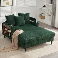 OKWISH Chaise Longue 129 x 170 cm - Met LED, USB, Opbergruimte En Bekerhouders - Woonkamer Of Balkon - Corduroy - Smaragdgroen