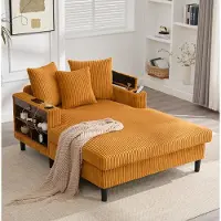 OKWISH Chaiselongue 129 x 170 cm - Met Led, Usb, Opbergruimte En Bekerhouders - Voor Woonkamer Of Balkon - Corduroy - Okergeel