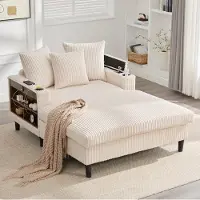 OKWISH Chaise Longue 129 x 170 cm - Met Led, Usb, Opbergruimte & Bekerhouders - Voor Woonkamer Of Balkon - Corduroy - Beige