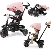 HyperMotion TOBI TIMBER Opvouwbare Evolutieve Driewieler Roze 1-5 Jaar, 360 Draaistoel, Vrijloop, Verstelbare Ouderhandgreep, Zonnekap, EVA Wielen