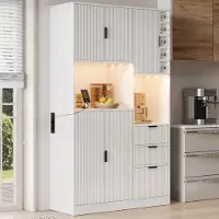 OKWISH Keukenkast – Hoge Opbergkast Met 3 Lades, Wijnrek, Verstelbare Planken En Ledverlichting – 105 x 40 x 180 cm – MDF Wit
