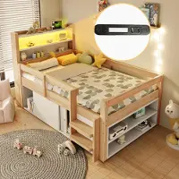 OKWISH Halfhoogslaper 90x200 cm - Kinderbed Met Ledverlichting En Usb-Aansluiting - Met Opbergruimte En Schuifdeurkasten - Zonder Matras - Houtkleur