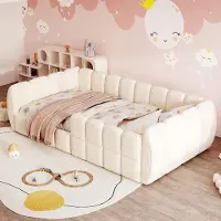 OKWISH Kinderbed 90x200 cm - Volledig Omsloten Gestoffeerd Vloerbed - Afgeronde Hoeken en Lattenbodem - Zonder Matras - Stof - Beige