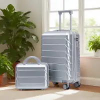 OKWISH 14"/19-inch 2-delige reistassen met toilettas en cijferslot, klassieke koffers, ABS spinner, zilver