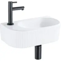 Qeramiq Fuente Fonteinset - 40x21.5x12cm - links - geribbeld - halfrond - 1 kraangat - keramiek - fonteinkraan zwart mat - afvoerplug - verlaagd sifon - wit glans SW1522206/SW696205/SW696215/SW696235