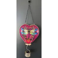 Impuls Decoratieve solarlamp hart met luchtballon " met flame LED " - Libelle print paars - kunststof - hangend model - hoogte 46 x 16 x 9.5 cm - Tuindecoratie - Tuinverlichting