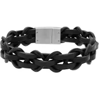 Lucardi - Heren Stainless steel herenarmband gevlochten leer zwart - Armband - Staal - Zilverkleurig - 19 cm