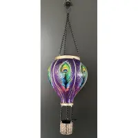 Impuls Decoratieve solarlamp luchtballon " met flame LED " - pauwveren print paars - kunststof - hangend model - hoogte 37x dia 11 cm - Tuindecoratie - Tuinverlichting