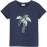 s.Oliver T-shirt donkerblauw Meisjes Katoen Ronde hals Printopdruk - maat 116/122 - pailletten