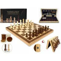 CHESS Magistro Gambit - Magnetisch Schaakbord & Dambord- Opvouwbare houten schaakset met schaakstukken en damstenen- Schaakspel - Damspel - Extra Koningin - Massief eikenhout met gravure- 39cm