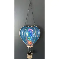 Impuls Decoratieve solarlamp hart met luchtballon " met flame LED " - Zeepaardje print blauw - kunststof - hangend model - hoogte 46 x 16 x 9.5 cm - Tuindecoratie - Tuinverlichting