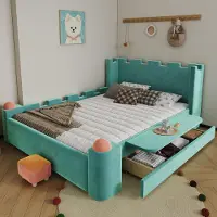 OKWISH Kinderbed 140x200 met lades en een opklapbare zijtafel, bekleed bed met zachte, antiaanraak kussens, tweepersoonsbed in blauwgroen, zonder matras