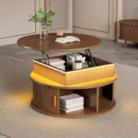 STILVORA Uittrekbare salontafel met LED-verlichting en dubbele opbergruimte, bijzettafel met rolluiken en een verborgen vak, ronde salontafel voor de woonkamer, notenhout