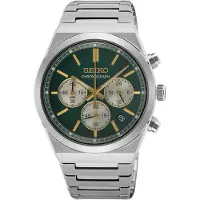 Seiko quartz zilver heren horloge met groene wijzerplaat & roestvrij stalen band