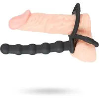 Black Velvets – Siliconen Cock en Ball Ring met Stevige Anale Kralen voor Dubbele Penetratie – 19 cm – Zwart