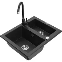Mexen Carlos granieten gootsteen 1,5-kamer met keukenkraan Telma, zwart/zilver metallic - 6518-73-670200-70