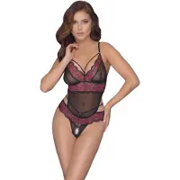 Cottelli collection Kanten Stringbody Met Open Kruisje - Zwart/Rood | Maat 4024144112739