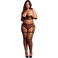 Shots Two Piece Set with Underwired Open-Cup Bra and Panty with Laced Up Details - Plus Size - Black