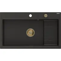 Mexen Omar spoelbak van graniet, 1-compartiment, 800 x 480 , zwart/goud metallic, gouden sifon - 6520801005-75-G