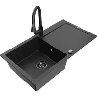 Mexen Leo granieten spoelbak 1-kompartment met afdruiprek en keukenmengkraan Elia, zwart/zilver metallic - 6501-73-670101-70-B