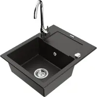 Mexen Enzo granieten spoelbak 1-baks met afdruiprek en keukenmengkraan Telma, zwart/goud - 6506-75-670200-00