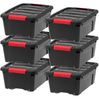 Iris USA 6-pack 12qt kunststof opbergbak met deksel en veilige sluitingen, zwart