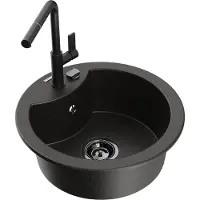 Mexen Diego granieten spoelbak 1-komors met keukenkraan Flora, zwart/goud metallic - 6512-75-670401-70-B