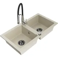Mexen Mario granieten spoelbak met 2 kamers en keukenmengkraan Aster, beige - 6504-69-73450-07-B